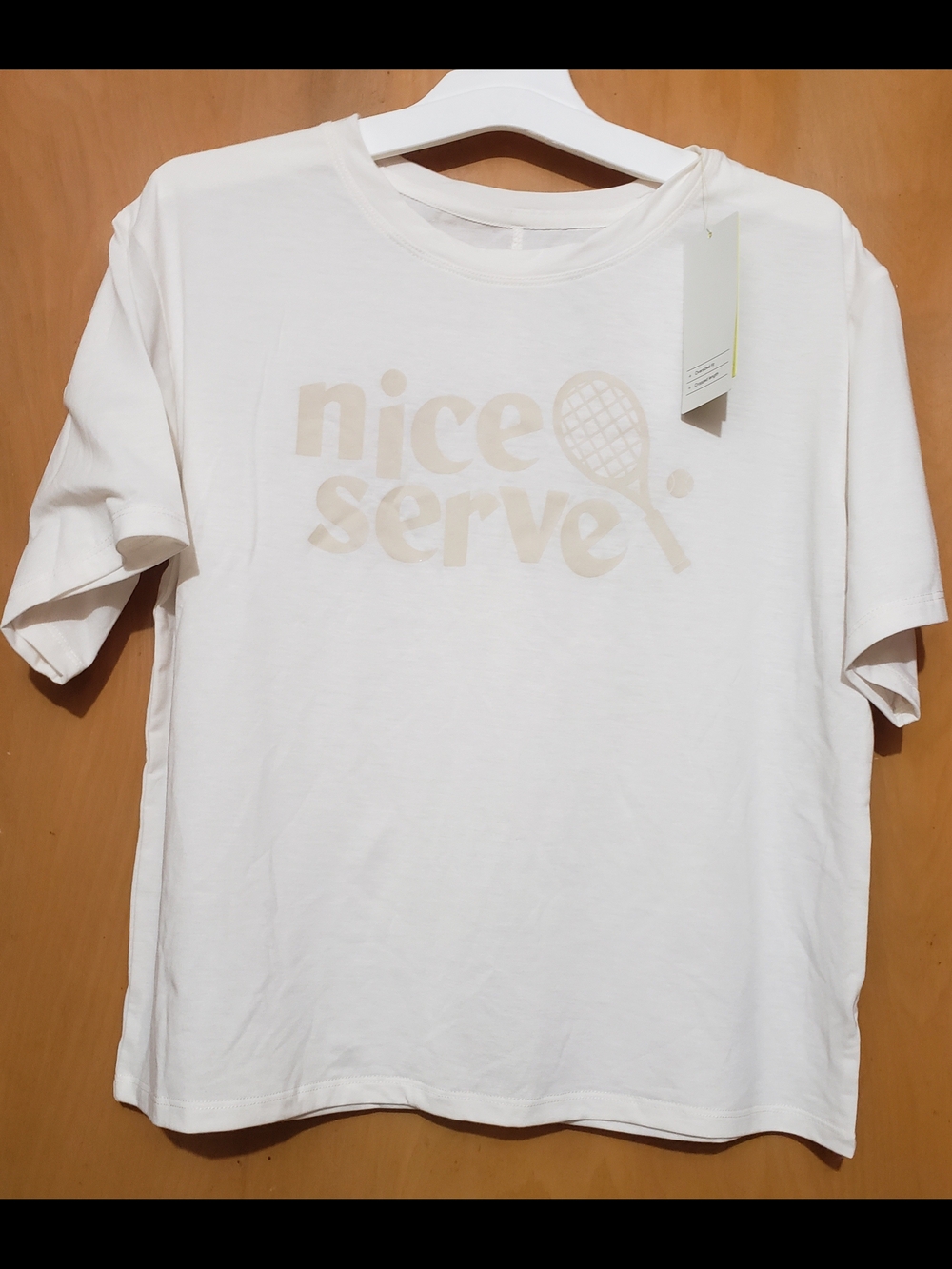 all in motion White Tee with Beige "nice serve" Tennis Graphic